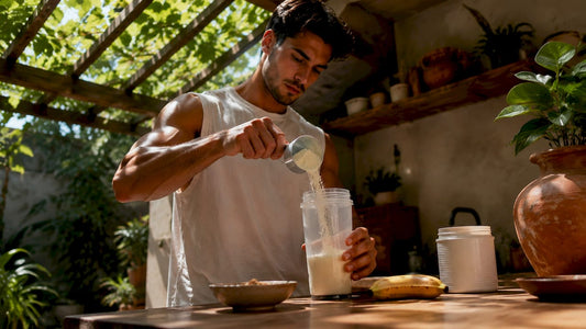 Athlete preparing whey protein shake in kitchen