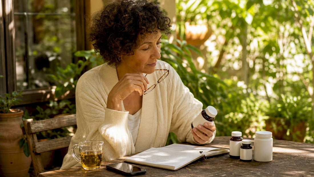 Woman examining vitamin supplements at kitchen table