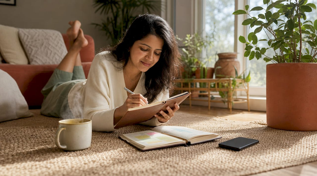 Woman journaling self-care strategies at home office