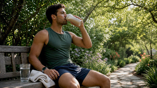 Athlete drinking whey protein shake in home gym