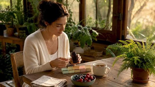 Woman organizing daily vitamin supplements at kitchen table