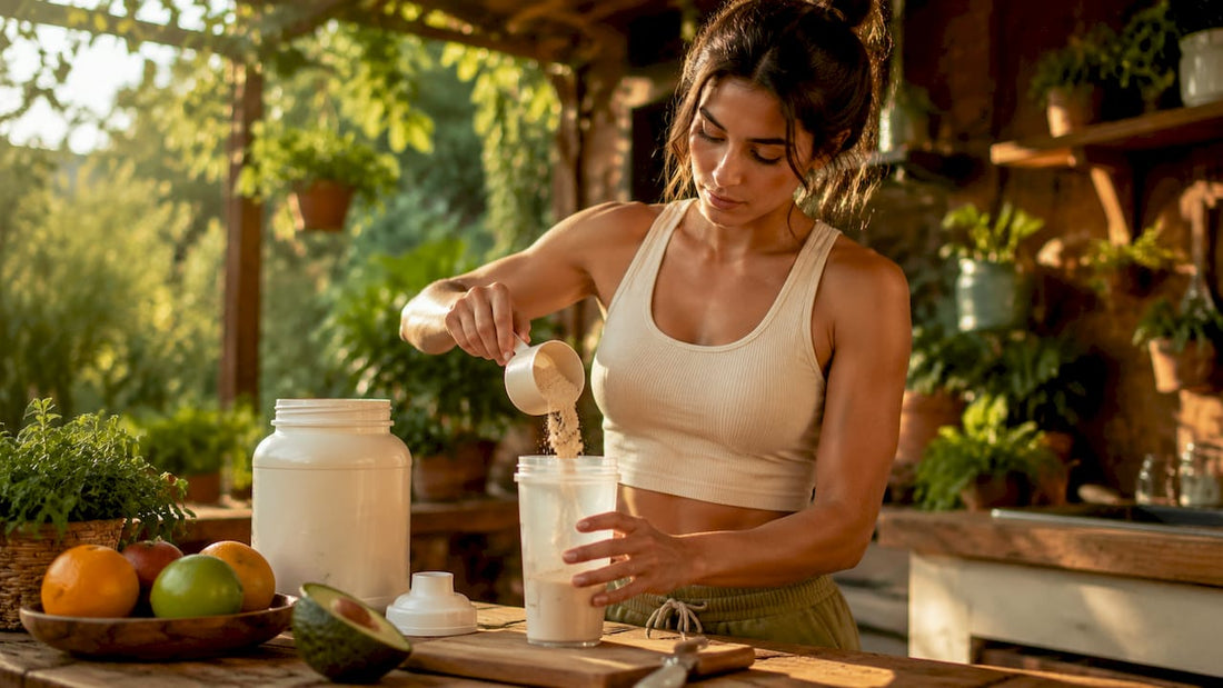 Woman preparing whey protein shake in kitchen