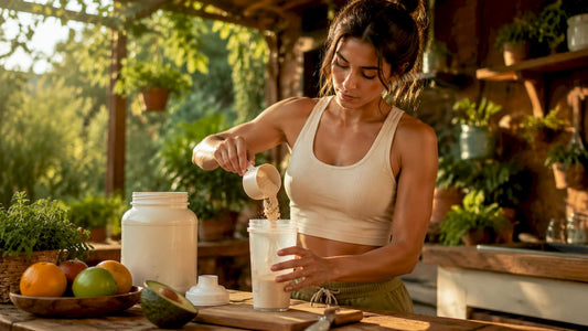 Woman preparing whey protein shake in kitchen