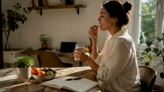 Woman taking vitamin D3 K2 supplement at breakfast
