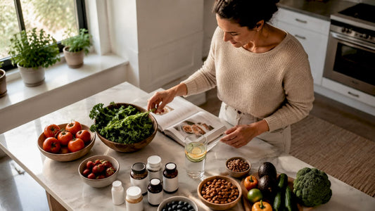 Woman sorting micronutrient-rich foods and supplements