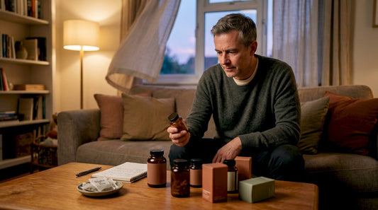 Man reviewing sleep aid bottles at kitchen table