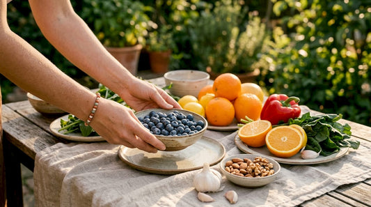 Fresh colorful immune-boosting foods on kitchen table