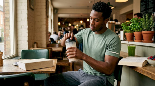 Young man mixing whey protein in kitchen