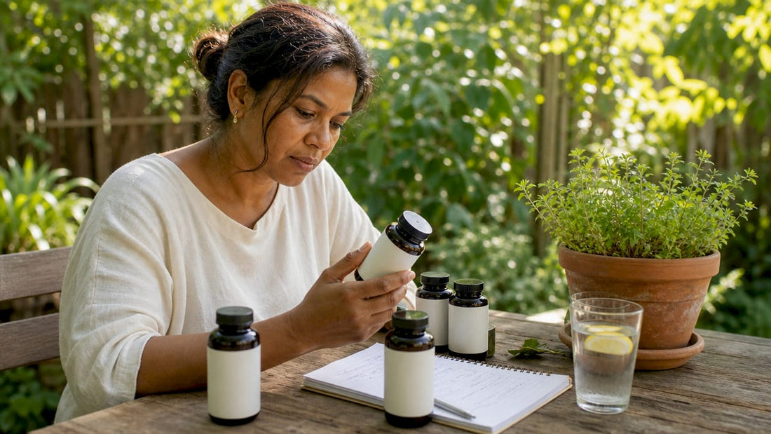 Woman reviewing magnesium supplements at kitchen table