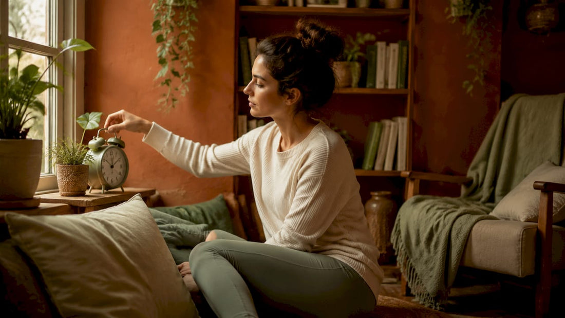 Woman setting alarm on phone in bedroom