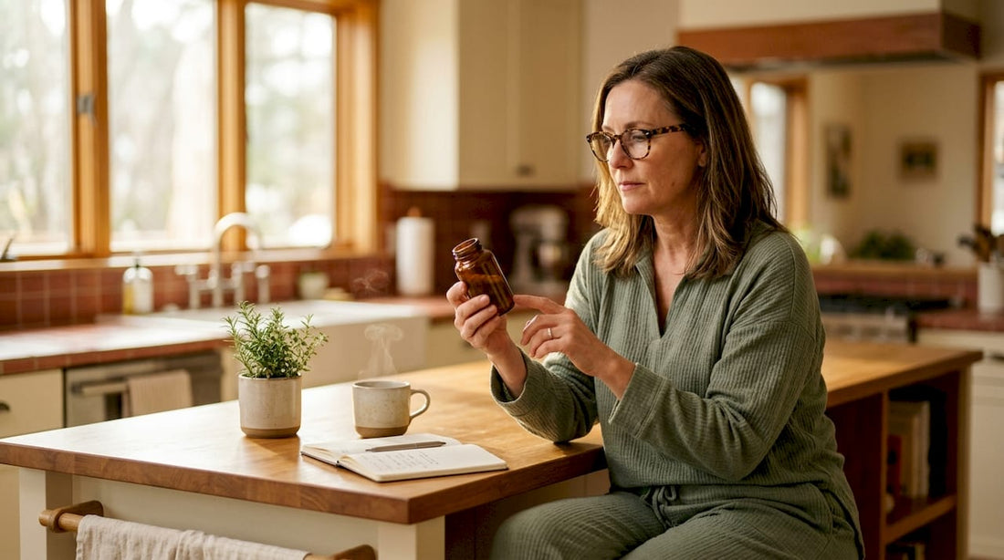 Woman reading zinc supplement bottle at home table