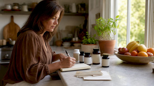 Woman reviewing magnesium supplements at kitchen table