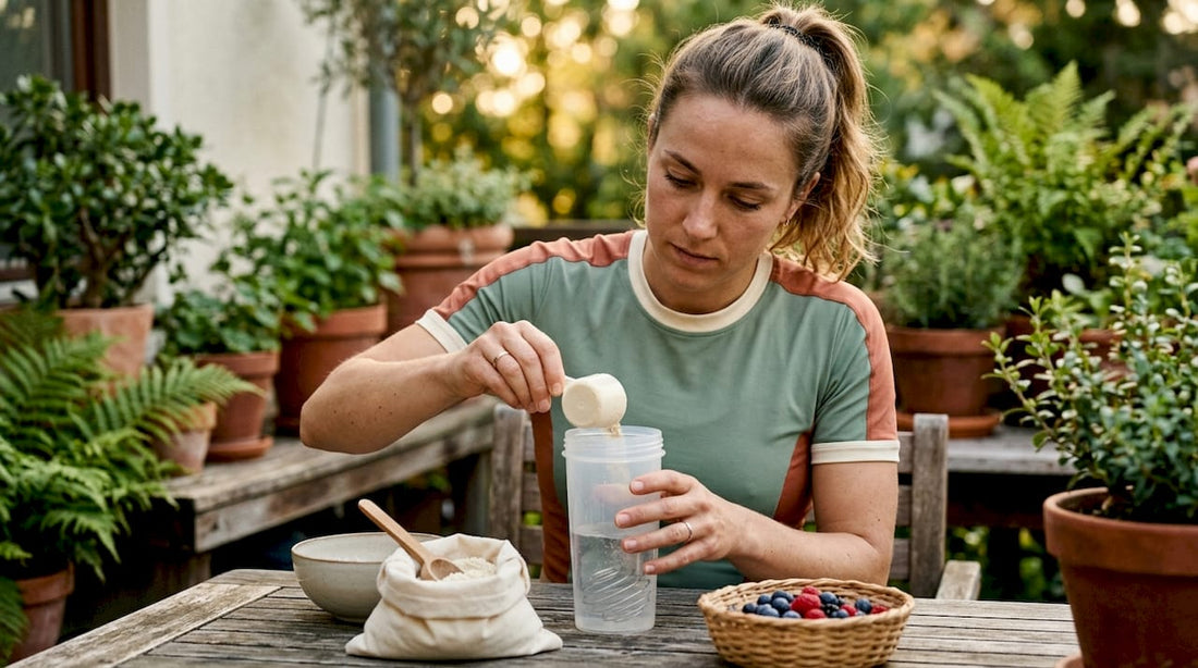 Female preparing whey protein shake in kitchen