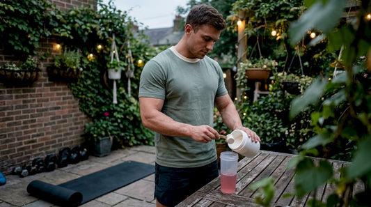 Bodybuilder preparing L-arginine supplement in gym