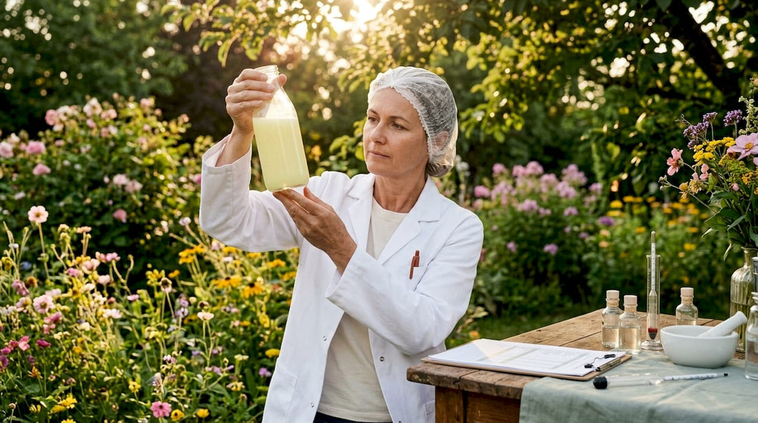 Dairy technician examining whey milk sample