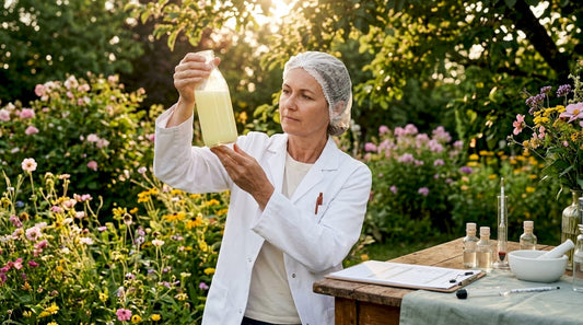 Dairy technician examining whey milk sample