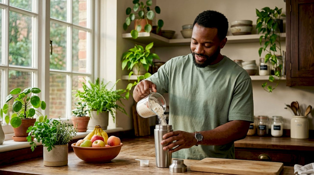 Man scooping whey protein powder in kitchen