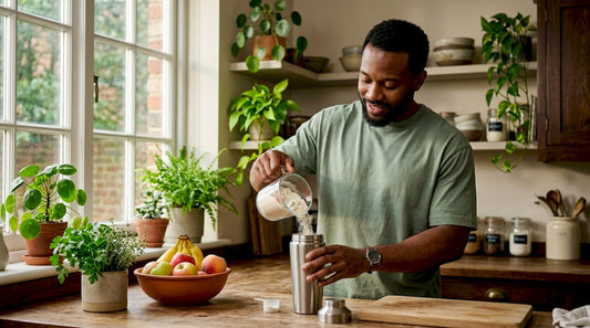 Man scooping whey protein powder in kitchen