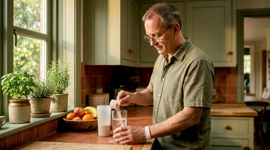 Man preparing whey protein shake at home kitchen