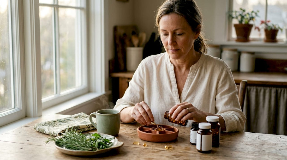 Woman sorting fish oil pills at kitchen table