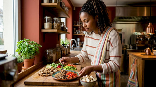 Woman preparing plant-based protein meal