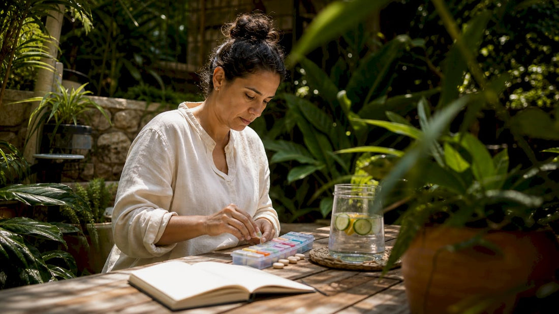 Woman organizing daily natural supplements at kitchen table