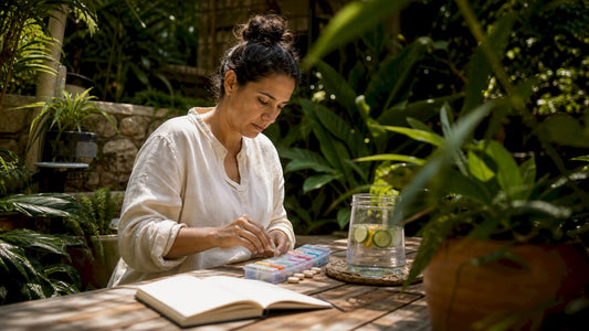 Woman organizing daily natural supplements at kitchen table