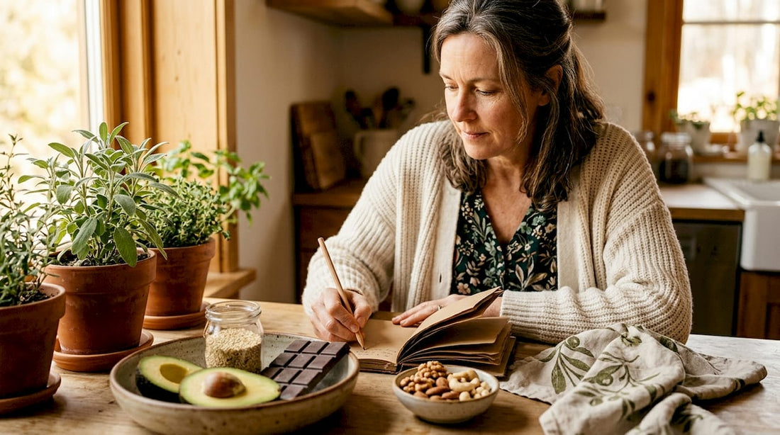 Woman reviewing zinc-rich foods at kitchen table