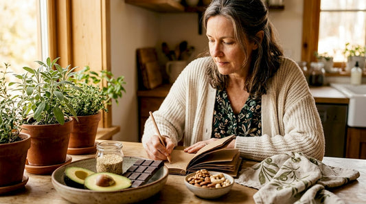 Woman reviewing zinc-rich foods at kitchen table