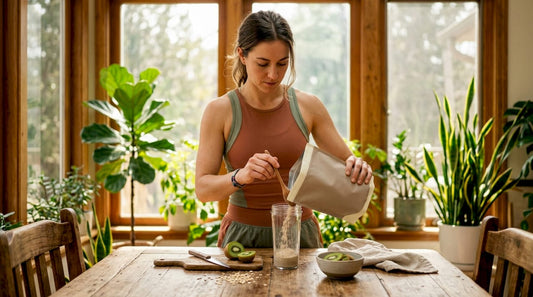 Woman preparing protein shake at kitchen counter