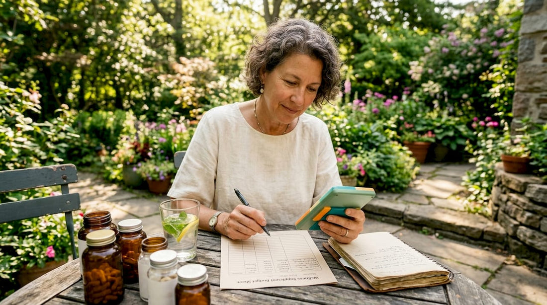 Woman planning wellness supplement budget at home