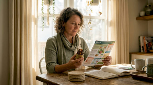 Woman reading about zinc supplements at kitchen table