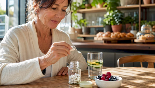 Woman taking magnesium citrate capsules at kitchen table