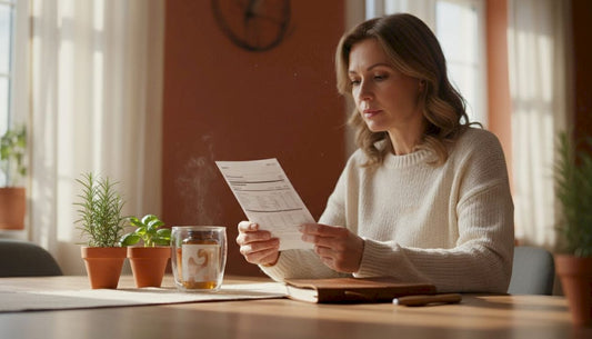 Woman reviewing heart supplements at kitchen table