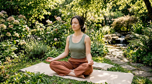 Woman practicing mindful breathing meditation indoors