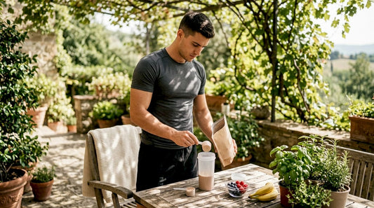 Athlete measuring whey protein in home gym