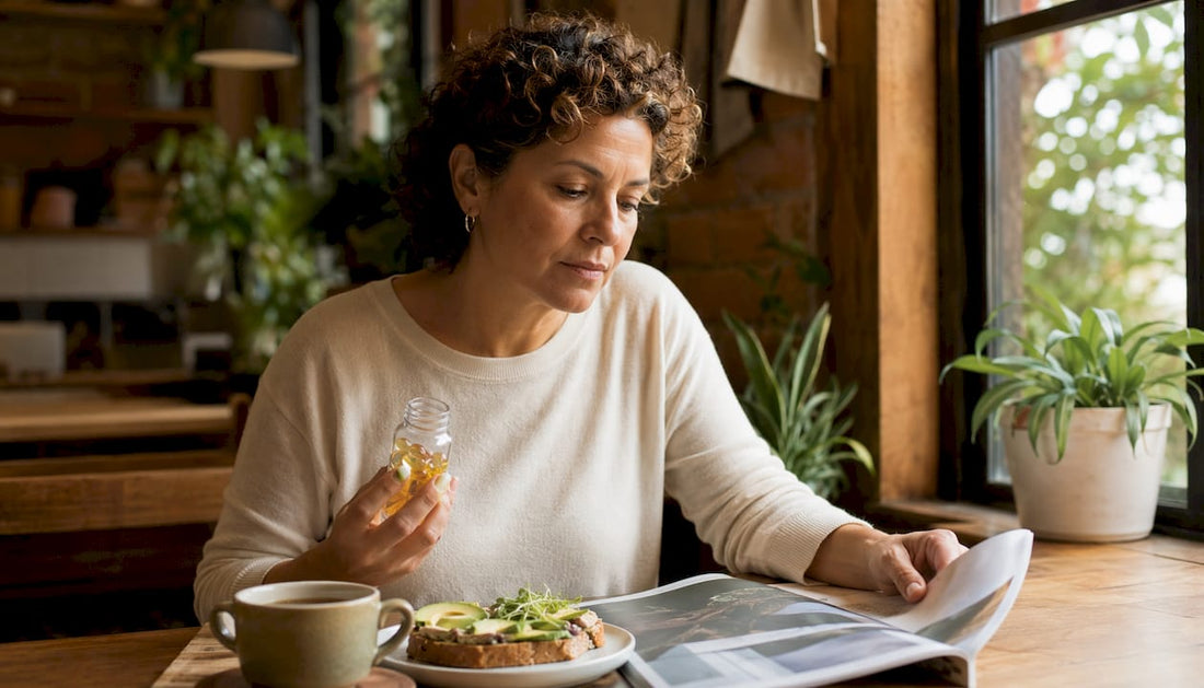 Woman reviewing omega-3 supplement benefits at kitchen table