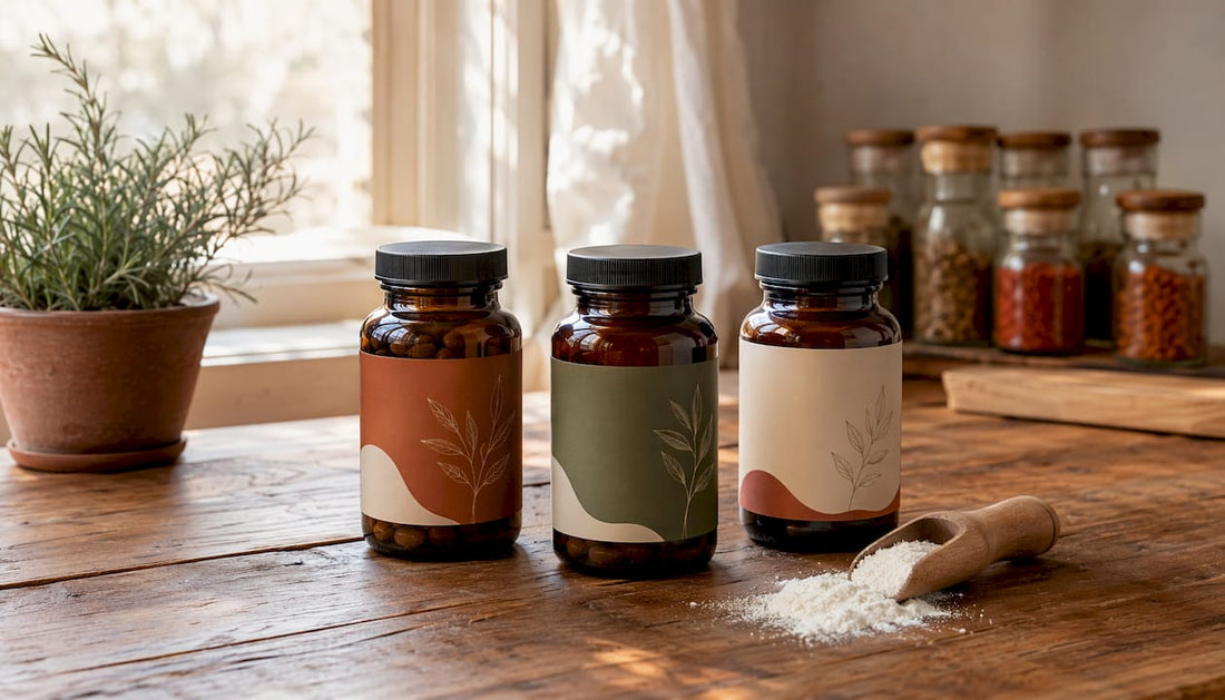 Different L-arginine supplement bottles on white countertop