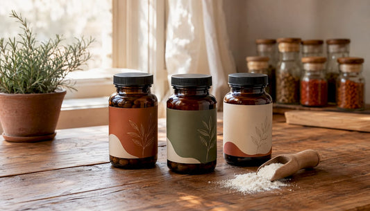Different L-arginine supplement bottles on white countertop