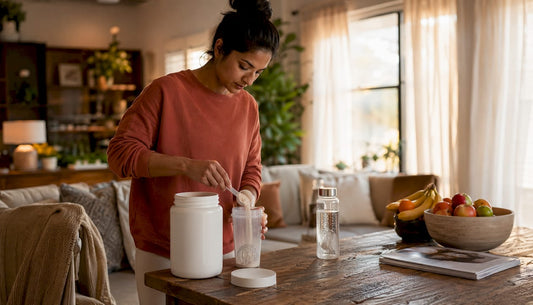 Woman measuring protein powder in kitchen