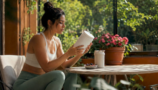Woman examining plant protein powder label in kitchen