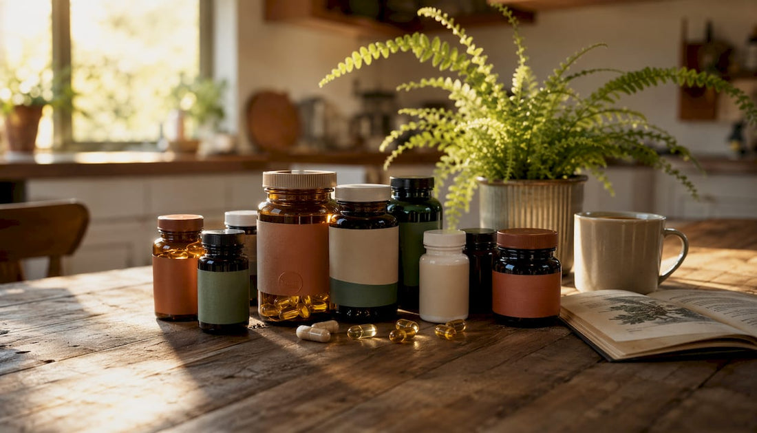 Probiotic supplement bottles on kitchen countertop