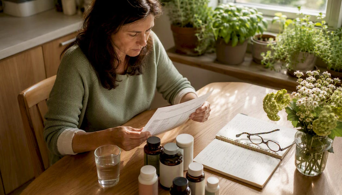 Woman reading supplement facts at home desk