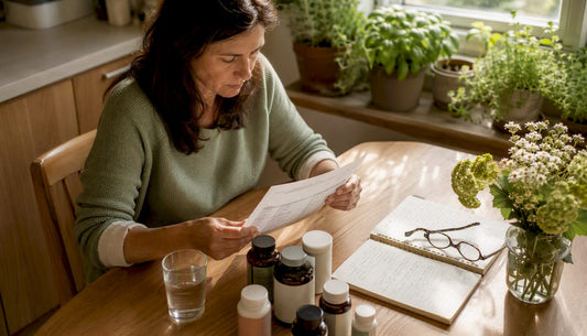 Woman reading supplement facts at home desk