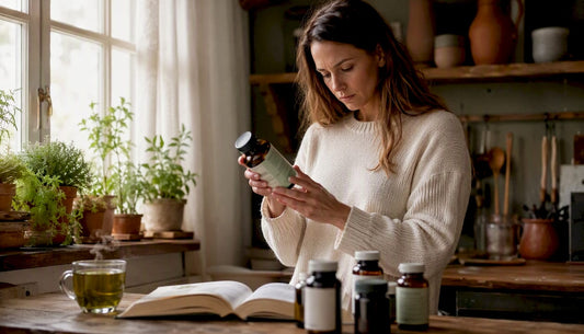 Woman reading omega-3 supplement label in kitchen