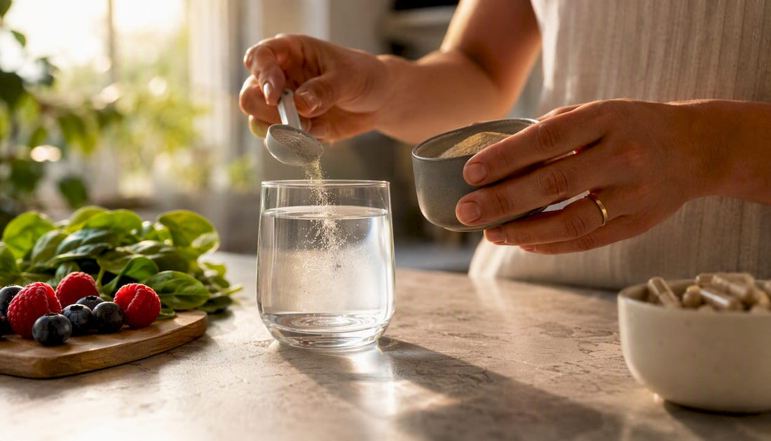 Hands pouring mineral powder into glass