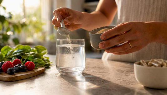 Hands pouring mineral powder into glass