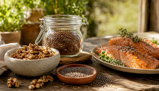 Table with omega-3 rich foods: fish and seeds