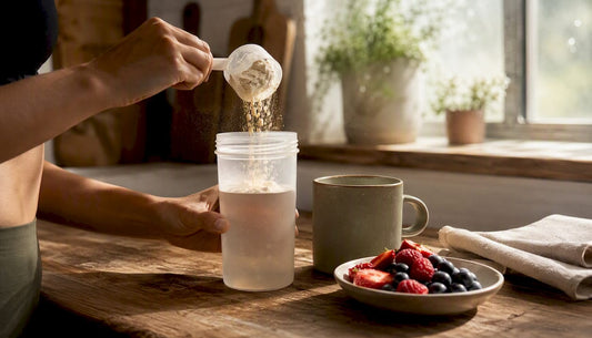 Hand pouring whey protein powder into shaker bottle