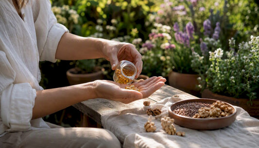 Hand holding omega-3 capsules over table